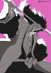  1boy abs bleach bleach:_sennen_kessen-hen commentary_request crazy_eyes crazy_grin greyscale_with_colored_background haori highres holding holding_sword holding_weapon japanese_clothes lido_an0 long_hair male_focus pink_background shihakusho sketch solo sword taichou_haori twitter_username weapon wide_sleeves zanpakutou zaraki_kenpachi 