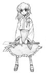  blackheart blush detached_sleeves frog_hair_ornament full_body gohei greyscale hair_ornament kochiya_sanae looking_at_viewer monochrome nontraditional_miko simple_background skirt solo standing touhou white_background 