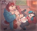 2025 animal_genitalia animal_penis anthro baileyx balls blue_clothing blue_eyes blue_robe bodily_fluids canid canine canine_genitalia canine_penis caught_cheating cheating_boyfriend christmas christmas_tree claws clock clothing colored cuckold cum cum_in_ass cum_inside dialogue english_text feet fur furniture genital_fluids genitals group hi_res holidays inside kneeling knotting living_room living_room_sex male male/male mammal musclegut muscular navel open_mouth penis perineum plant red_body red_christmas_ornament red_clothing red_fur red_shirt red_topwear robe robe_only sheath shirt sofa text topwear tree trio watch white_body white_fur wristwatch