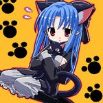  animal_ears artist_request blue_hair blush cat cat_ears cat_tail dress extra_ears hug kagetsu_tooya len long_hair lowres melty_blood pointy_ears red_eyes ribbon sitting solo tail tsukihime 