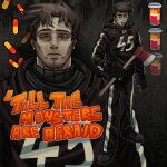  1boy afraid_of_monsters axe black_gloves black_hoodie brown_eyes brown_hair david_leatherhoff drugs english_text facial_hair fingerless_gloves fire_axe full_body gloves goatee_stubble highres holding holding_axe hood hood_down hoodie looking_at_viewer male_focus multiple_views pill pill_bottle print_hoodie scar scar_on_face short_hair standing striped_clothes stubble sweater turtleneck turtleneck_sweater yushizzi 