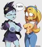 activision alternate_costume alternate_hairstyle anthro areola band-aid band-aid_on_knee band-aid_on_leg bandage bandicoot belt big_breasts black_clothing black_eyes black_hair black_lipstick black_nose black_topwear blonde_hair blue_body blue_bottomwear blue_clothing blue_eyes blue_jeans blue_pants blue_skin bottomwear breast_awe breast_envy breast_size_difference breasts brown_areola brown_body brown_fur brown_nipples buckteeth clothed clothing coco_bandicoot comparing comparing_breasts crash_bandicoot_(series) crash_of_the_titans denim denim_bottomwear denim_clothing duo eyebrows eyelashes facial_markings female flashing flashing_breasts forehead_markings front_view fur gloves grey_background hair handwear head_markings hi_res huge_breasts human jeans lipstick long_hair looking_away makeup mammal markings marsupial monke_brush navel nina_cortex nipples open_clothing open_topwear pants purple_areola purple_bottomwear purple_clothing purple_gloves purple_handwear purple_nipples purple_skirt raised_clothing raised_eyebrows raised_topwear short_hair simple_background skirt tan_body tan_fur teeth thick_thighs topwear white_clothing white_topwear wide_eyed wide_hips