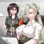  2girls alternate_hairstyle bespectacled breasts brown_eyes brown_hair character_request coffee_mug commentary_request computer cup fate/grand_order fate_(series) glasses gloves hair_ribbon high_ponytail highres laptop long_hair long_sleeves mug multiple_girls olga_marie_animusphere olga_marie_animusphere_(unbeast) open_mouth orange_eyes orange_gloves partially_unbuttoned ponytail ribbon shirt tgxx3300 very_long_hair white_hair white_shirt 