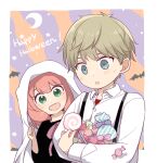  1boy 1girl :d :o aged_down anya_(spy_x_family) bat_(animal) black_dress blonde_hair blue_eyes blush border candy collarbone commentary_request crescent dress food green_eyes halloween happy_halloween holding holding_candy holding_food medium_hair mello79 open_mouth outside_border pink_hair shirt short_hair smile spy_x_family suspenders sweatdrop twilight_(spy_x_family) upper_body very_short_hair white_border white_shirt 