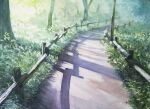  absurdres bush commentary_request day fence forest grass highres kazuyuki_hashimoto nature no_humans original outdoors painting_(medium) path plant post_and_rail_fence scenery shadow sunlight tall_grass traditional_media tree weeds wooden_fence 