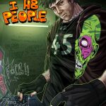  1boy afraid_of_monsters arm_hair beard_stubble black_eyes black_gloves black_hair black_shirt ceiling_light computer david_leatherhoff english_text facial_hair fingerless_gloves gloves graffiti half-closed_eyes highres indoors jacket jewelry laptop looking_at_viewer male_focus necklace print_shirt red_jacket shirt short_hair skull_print solo stubble typing yushizzi 