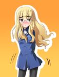  artist_request blonde_hair blush embarrassed eyebrows glasses long_hair lowres pantyhose perrine_h_clostermann solo strike_witches uniform world_witches_series yellow_eyes 