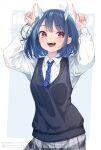 1girl aoki_ruri black_sweater_vest blue_hair blue_necktie bright_pupils collared_shirt commentary_request dragon_horns grey_skirt highres hong_(white_spider) horns index_finger_raised long_sleeves necktie pink_eyes plaid_clothes plaid_skirt polka_dot_necktie ruridragon school_uniform shirt signature skirt slit_pupils solo sweater_vest white_pupils white_shirt 