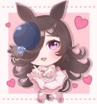  1girl absurdres animal_ears blue_flower blue_hat blue_rose blush brown_hair chibi chibi_only clothing_cutout cropped_shirt flipped_hair flower hair_over_one_eye hat hat_flower heart highres horse_ears horse_girl horse_tail kurumiya_(krmy_p) layered_skirt long_hair looking_at_viewer loose_socks meni_shuki_rush-sshu! open_mouth pink_shirt pink_skirt pink_socks purple_eyes reaching reaching_towards_viewer rice_shower_(umamusume) rose shirt shoulder_cutout skirt smile socks solo tail tilted_headwear umamusume 