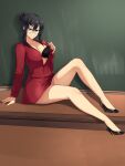  1girl absurdres aiko_yumi artist_name black_bra black_hair black_shoes bra breasts chalkboard cleavage commission commissioner_upload desk fgsketch glasses high_heels highres hunie_(series) huniepop legs looking_at_viewer on_desk open_clothes pulling_own_clothes red_shirt red_skirt school school_desk seductive_smile shirt shoes signature skirt smile solo teacher underwear 