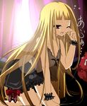  bad_id bad_pixiv_id blazblue blonde_hair camisole fang frills gii gothic gothic_lolita kneeling lolita_fashion long_hair lowres one_eye_closed open_mouth rachel_alucard red_eyes ribbon shii_(niku-9) skirt solo tears very_long_hair wrist_cuffs 