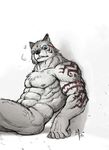  ^69 abs anthro biceps big_muscles black_nose blue_eyes canine chest_tuft fangs fur grey_fur looking_at_viewer male mammal muscles nipples nude pecs plain_background pose sitting solo tattoo teeth toned tuft white_background wolf 