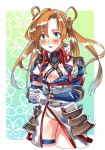  1girl :d abukuma_(kantai_collection) asymmetrical_bangs bangs blonde_hair blue_eyes blush border bradamante_(fate/grand_order) bradamante_(fate/grand_order)_(cosplay) breasts buttons cleavage cleavage_cutout commentary cosplay cropped_legs double_bun elbow_gloves epaulettes eyebrows_visible_through_hair fate/grand_order fate_(series) floral_background gloves gradient_hair hair_between_eyes hair_rings kantai_collection leotard long_hair long_sleeves looking_at_viewer multicolored_hair open_mouth ribbon sagamiso smile solo sweat twintails twitter_username white_border white_coat white_gloves 