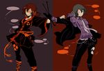  alternate_color alternate_costume black_hair dual_persona horikawa_raiko japanese_clothes jewelry mitsudomoe_(shape) necklace necktie purple_eyes red_eyes red_hair shigureru symmetry tomoe_(symbol) touhou 