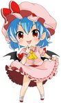  ascot bat_wings berry_jou blue_hair blush bow chibi dress hat hat_bow looking_at_viewer mob_cap pink_dress pointy_ears red_eyes remilia_scarlet simple_background smile solo tongue tongue_out touhou v white_background wings wrist_cuffs 