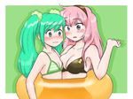  :o asymmetrical_docking bare_shoulders blue_eyes blush breast_press breasts cleavage closed_mouth d: frown green_eyes green_hair hair_ornament hairband hatsune_miku long_hair medium_breasts megurine_luka multiple_girls nose_blush octopus oonigiri open_mouth parted_lips pink_hair shared_innertube simple_background small_breasts swimsuit twintails upper_body vocaloid yuri 