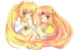  aloemonaka blonde_hair bow brooch capelet choker circlet cure_muse_(yellow) cure_sunshine frills hair_ribbon heart heartcatch_precure! jewelry long_hair magical_girl midriff multiple_girls myoudouin_itsuki open_mouth orange_bow orange_choker orange_hair precure ribbon shirabe_ako skirt smile suite_precure twintails yellow_bow yellow_choker yellow_eyes yellow_skirt 