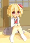  blonde_hair bloomers blush hair_ribbon hecchi_(blanch) looking_at_viewer open_mouth red_eyes ribbon rumia short_hair sitting solo touhou underwear 