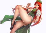  bare_legs beret blue_eyes bottomless braid breasts china_dress chinese_clothes cleavage dress hat hong_meiling large_breasts legs long_hair looking_at_viewer red_hair shoes simple_background solo star thick_thighs thighs tkln touhou twin_braids very_long_hair 