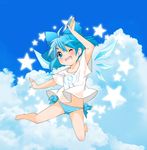  1girl alternate_costume bare_legs barefoot berry_jou blue_eyes blue_hair blue_panties blue_sky bow cirno clothes_writing cloud day hair_bow ice ice_wings no_pants one_eye_closed open_mouth panties shirt short_sleeves sky smile solo star striped striped_panties touhou underwear wings 