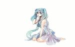  aqua_hair between_legs blue_eyes dress hatsune_miku long_hair shiratsuyu sitting sketch solo twintails vocaloid wariza 