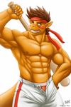  abs anthro bandanna baseball_bat biceps big_muscles boxers brown_hair clothed clothing digiknight fangs grin hair half-dressed kazat male muscles nipples orange_skin pants pecs plain_background pose reptile scales scalie smile solo standing teeth toned topless underwear vein white_background yellow_eyes 