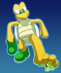  beak ben_the_dragon blue_background claws duo eyes_closed gradient_background green_eyes koopa mario_bros nintendo plain_background reptile scalie shoes simple_background size_difference toe_claws turtle video_games yellow_body yoshi 