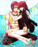  1girl barefoot brother_and_sister competition_swimsuit free! goggles goggles_around_neck hug imouma jacket jammers long_hair matsuoka_gou matsuoka_rin one-piece_swimsuit ponytail red_eyes red_hair siblings swimsuit towel track_jacket 