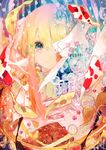  bandages blonde_hair bubble colorful eyelashes fish gradient_hair hands_on_own_chest highres kazuka koi leaf long_hair looking_at_viewer multicolored multicolored_eyes multicolored_hair one_eye_covered orange_hair original pink_hair smile solo third-party_edit upper_body 
