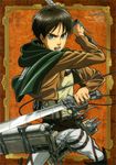  absurdres black_hair blue_eyes boots cape eren_yeager highres jacket male_focus official_art open_clothes open_jacket open_mouth paradis_military_uniform shingeki_no_kyojin solo tomita_megumi 