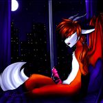  anthro bed blush canine city erection fox fur hair horn long_hair male mammal masturbation moon muscles night nude open_mouth penis riano_garcia sayanelbadfox solo stars whings white_fur wings 