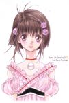  blush brown_eyes brown_hair choker copyright_name frills inomata_mutsumi light_smile lipstick makeup official_art reala red_choker short_hair solo tales_of_(series) tales_of_destiny_2 very_short_hair white_background 
