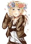  blonde_hair blue_eyes blue_flower blue_rose blush buckle christa_renz emblem flower hair_between_eyes head_wreath highres jacket kuroeda paradis_military_uniform petals pink_flower pink_rose red_flower red_rose rose shingeki_no_kyojin short_hair smile solo white_background wreath 