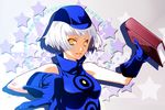  bad_id bad_pixiv_id bare_shoulders book dress elizabeth_(persona) gloves hat highres nyoro_(nyoronyoro000) persona persona_3 short_hair sleeveless sleeveless_dress smile solo white_hair yellow_eyes 