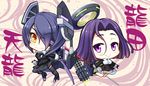  bad_id bad_pixiv_id black_legwear character_name chibi eyepatch fingerless_gloves glaive gloves gunp headgear kantai_collection mecha_musume mechanical_halo multiple_girls necktie purple_eyes purple_hair school_uniform short_hair smile sword tatsuta_(kantai_collection) tenryuu_(kantai_collection) weapon yellow_eyes 