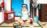  barefoot blue_hair drink food hatsune_miku headphones noboes vocaloid 