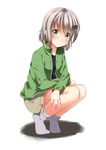  blush collarbone full_body green_eyes grey_hair hair_ornament hairclip jacket long_sleeves nekomushi shadow shirt short_hair shorts simple_background smile socks solo squatting white_background white_legwear yama_no_susume yukimura_aoi 