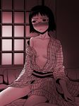  black_hair blush genshiken glasses japanese_clothes monochrome ogiue_chika open_clothes sakaki_imasato short_hair solo sweat 