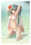  :o animal_ears armpits bikini bunny_ears error flower front-tie_top green_hair hair_flower hair_ornament hibiscus highres kneeling level-k long_hair looking_at_viewer navel ocean original palm_tree partially_submerged red_eyes shiny shiny_skin solo swimsuit tree twintails water 