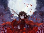  bad_id bad_pixiv_id brown_hair cape crescent_rose cross eveshut flower forest holding moon nature petals purple_eyes rose_petals ruby_rose rwby short_hair skirt solo tree weapon 