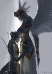  1girl armor armored_dress arrow belt blood blue_armor blue_hair braid brown_hair closed_eyes dark dated dying expressionless feathers gauntlets helmet hidden_eyes highres injury lenneth_valkyrie long_hair paint_(medium) pauldrons shield signature sword valkyrie valkyrie_profile virus76 watermark weapon wings 