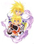  :d armor blonde_hair blue_eyes father_and_son fatherly gloves headband hug hug_from_behind inomata_mutsumi kyle_dunamis long_hair male_focus multiple_boys official_art open_mouth signature smile stahn_aileron tales_of_(series) tales_of_destiny tales_of_destiny_2 white_background 