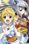 :d absurdres bag blonde_hair blush bow charlotte_dunois eyepatch floral_print frown grey_hair hair_bow happy highres infinite_stratos japanese_clothes jewelry kimono kuniyuki_yurie laura_bodewig long_hair multiple_girls necklace newtype obi official_art open_mouth purple_eyes red_eyes sash scan smile twintails yukata 
