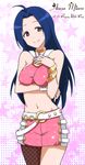  ahoge asymmetrical_legwear bare_shoulders blue_hair bracelet breast_hold breasts character_name crop_top dated fishnet_pantyhose fishnets happy_birthday idolmaster idolmaster_(classic) jewelry kidachi long_hair looking_at_viewer medium_breasts midriff miura_azusa navel pantyhose pink_diamond_765 purple_eyes shiny shiny_skin shirt smile solo taut_clothes taut_shirt 