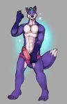  abs anthro biceps black_nose blue_hair bulge canine chest_tuft claws erection fox fur grey_background grin hair horrorbuns humanoid_penis male mammal muscles nipples nude pecs penis plain_background pose presenting purple_fur smile solo standing toe_claws topless tuft underwear white_fur 