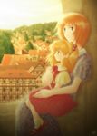  blue_eyes child mother_and_daughter neon_genesis_evangelion orange_hair sitting sitting_on_lap sitting_on_person soryu_asuka_langley soryu_kyouko_zeppelin town tree trees young younger 