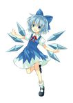  :d blue_eyes blue_hair bow cirno fang hair_bow highres ice ice_wings mary_janes open_mouth outstretched_arms shoes smile solo tm-pika touhou wings 