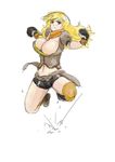  1girl blonde_hair breasts highres jumping large_breasts pixiv_manga_sample resized rwby simple_background white_background yang_xiao_long 