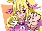  ;d aida_mana blonde_hair choker cure_heart dokidoki!_precure finger_gun florence_temporary long_hair magical_girl one_eye_closed open_mouth pink_eyes pink_sleeves ponytail precure smile solo 