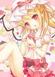  blonde_hair flandre_scarlet food frills harukaruha hat red_eyes side_ponytail solo sweets touhou wings wrist_cuffs 